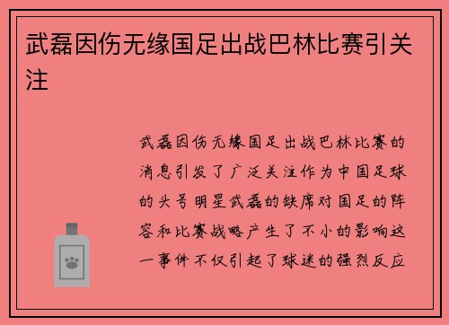 武磊因伤无缘国足出战巴林比赛引关注 武磊因伤无缘国足出战巴林比赛引关注